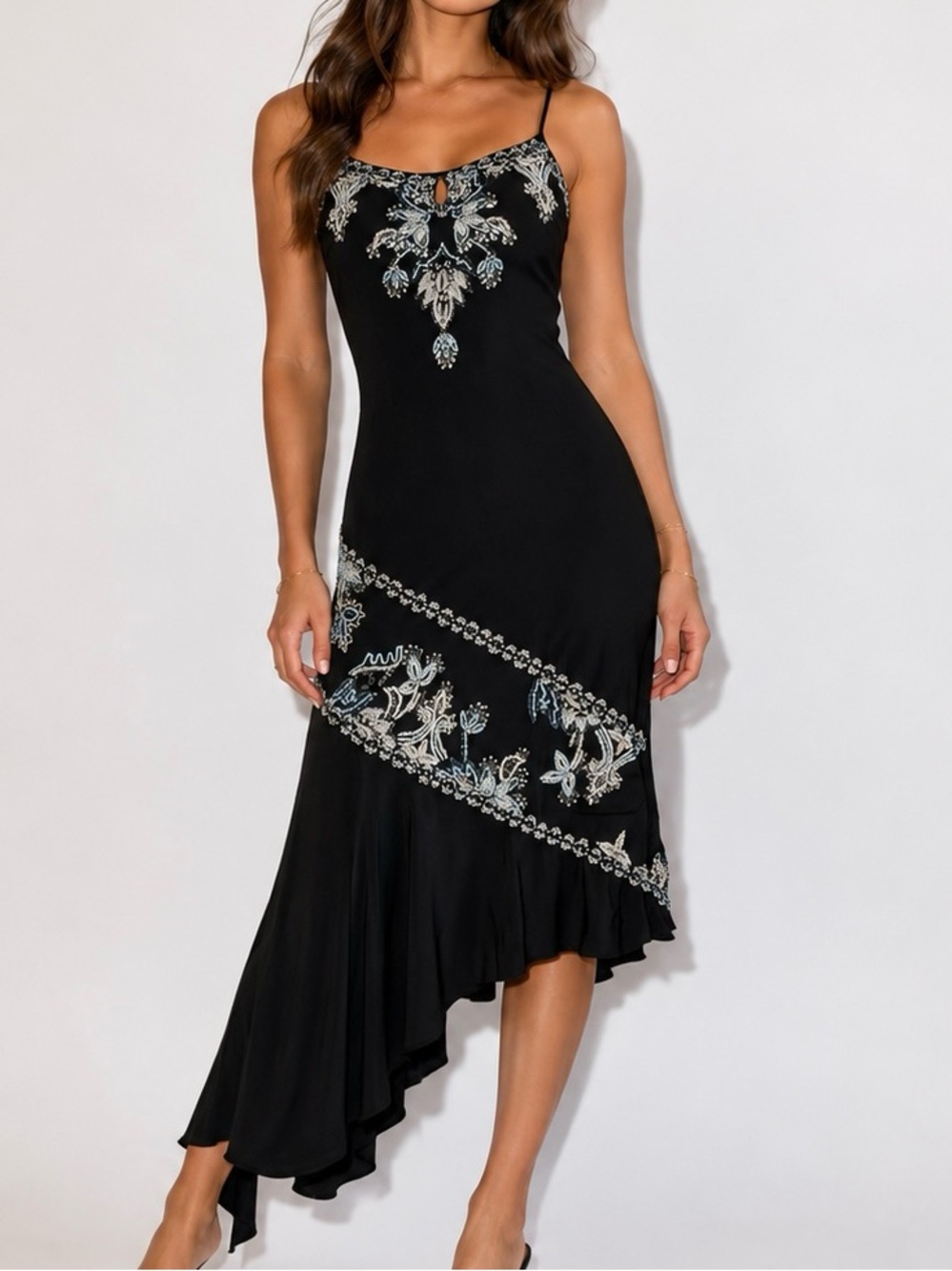 VTG Y2K Cache Black Midi Asymmetrical Dress with Blue & Silver Embroidery | 6